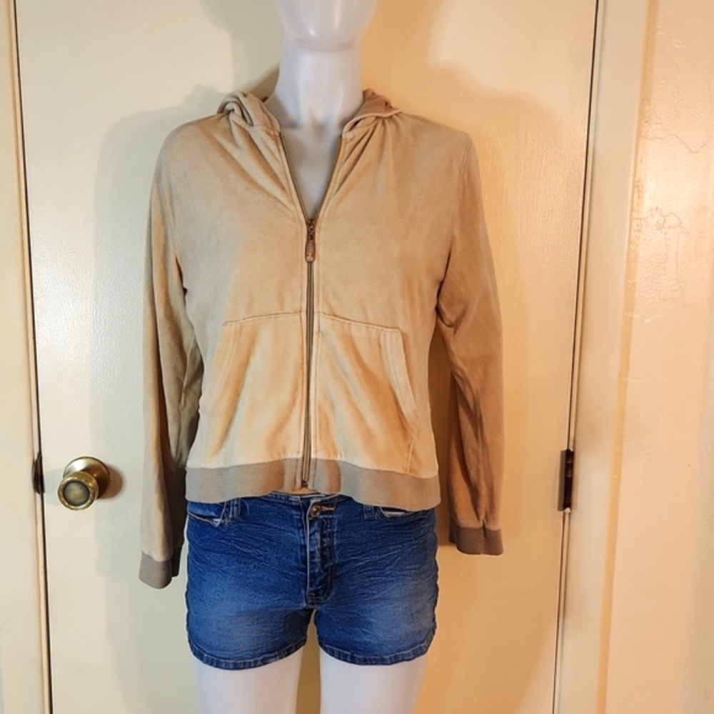 Every Day Junior's Tan Velour Zip-Front Long Sleeve Hoodie, Size L